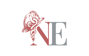Stylized logo featuring a caduceus intertwined with a hat, forming the letter "N" next to a large, gray letter "E" on a white background.