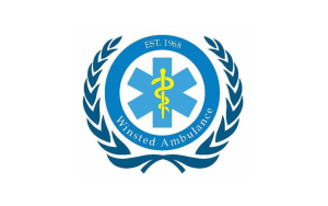 Logo for Winsted Ambulance featuring a blue medical star with a yellow Rod of Asclepius in the center, surrounded by laurel branches and the text “EST. 1968 Winsted Ambulance” in a circular design.